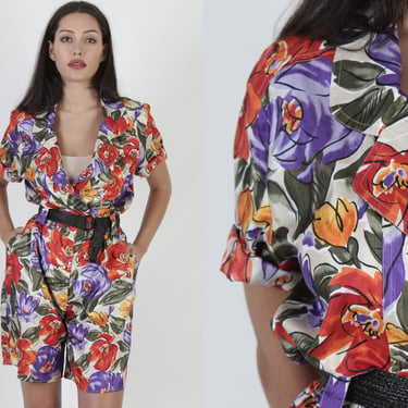 Tropical One Piece Romper With Pockets / Vintage 80's Colorful Deep V Mini Playsuit 