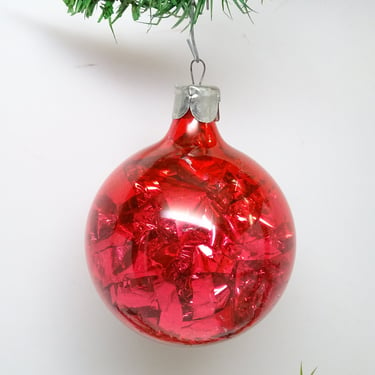 Antique Un-silvered  Glass with Tinsel Christmas Tree Ornament, Vintage Holiday Decor 