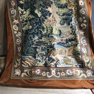French Needlepoint Tapestry, Pastoral Countryside Scene, Brown Velvet Border, Chateau Decor 