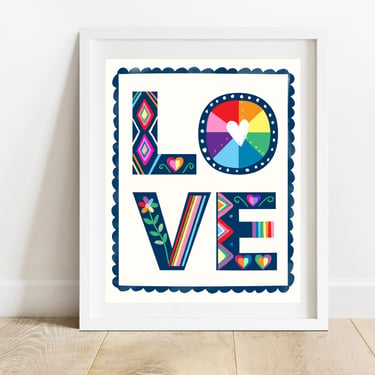 LOVE LGBTQ 8 X 10 Art Print/ Rainbow Lettering Pride Illustration/ Kids Inclusivity Bedroom Decor/ Decorative Typography Wall Art 