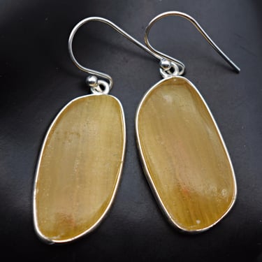 Vintage yellow agate 925 silver hippie dangles, freeform butterscotch stone sterling earrings 