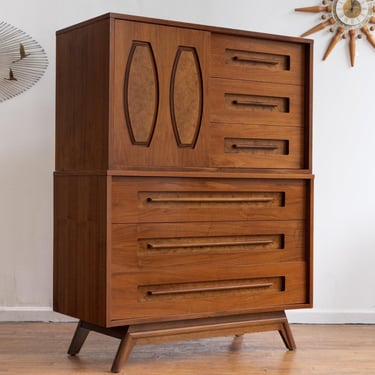 Vintage Mid Century Two Piece Tall Highboy Dresser in Walnut by Young Mfg 