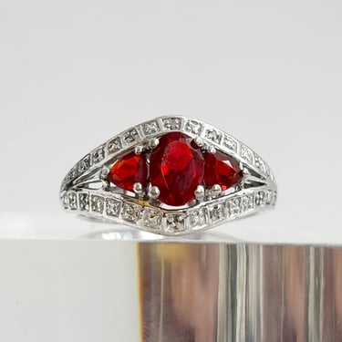 Art Deco Garnet Oval Cut Multi Gemstone Tapered Shank Sterling Silver Cocktail Ring - sz 8 