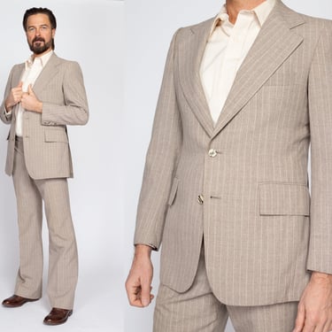 Medium 70s Cricketeer Taupe Pinstripe Suit Set | Vintage Jacket & Flared Trousers Matching Two Piece Formal Outfit 