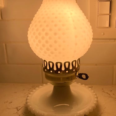 VINTAGE Milk Glass Table or Dresser Lamp, White Glass HOBNAIL BASE and shade Hurricane Light Art by LeChalet