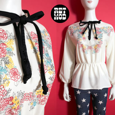 Lovely Vintage 70s Off-White Boho Peplum Blouse with Flowers 