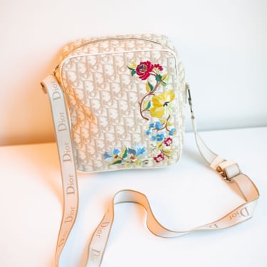 Christian Dior Flowers Embroidered Trotter Monogram Crossbody Messenger Bag with Logo Strap + CD Charm Detail Y2K Galliano 
