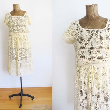Vintage 70s Pom Pom Crochet 2 Piece Skirt Blouse Set S M - Off White Cream Knitted Romantic Bohemian Co Ord - Drawstring Skirt 