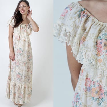 Vintage 70s Wildflower Print Dress / Asymmetrical Tiered Scarf Layer / Bouquet Floral Prairie Hanky Hem / Flowy Summer Sun Maxi Dress 