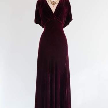 Stunning 1930's Red Wine Silk Velvet Evening Gown &amp; Jacket / ML