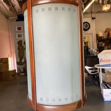 Mid Century Teak Cylinder Chandelier w/ Frosted Glass Shade 
