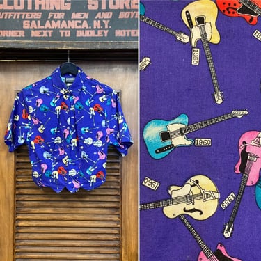 Vintage 1980’s Guitar Print New Wave Short Sleeve Cotton Shirt Top, 80’s Music Print Shirt, Vintage New Wave Shirt, Vintage Clothing 