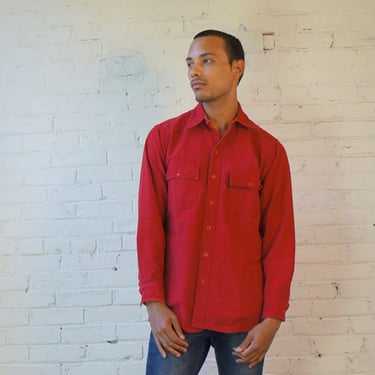 L. L. Bean • 1960s • Flannel Work Shirt Classic Scarlet Red • Distressed • Worn to Perfection • Mens MED 15 1/2 • Cursive Green Label • USA 