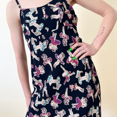 90’s Betsey Johnson Pin Up Girl Print Rayon Bias Cut Slip Strappy Spaghetti Sundress Mini Dress