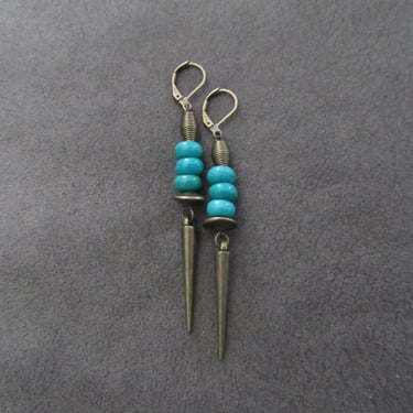 Unique spike and green stone earrings bronze 