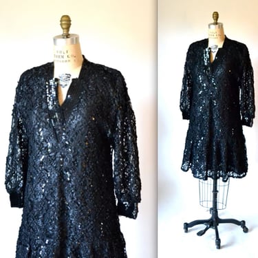 80s Vintage Black Dress Lace Sequin Dress Damianou SIze Medium Large// 80s does 20s Flapper Dress Size Large Black Party Dress Size Large 