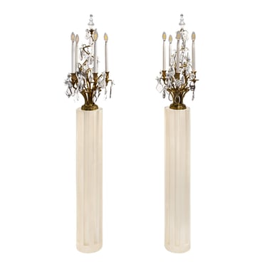 Stunning Pair of French Candelabra Floor Lamps in Bronze with Faceted Crystals 1950s