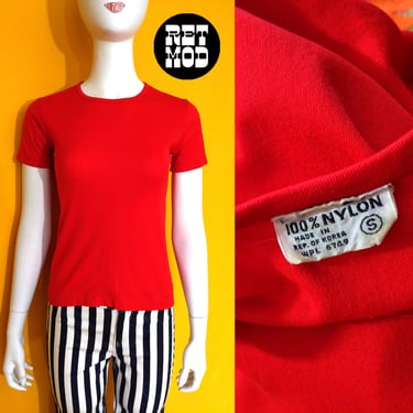 Perfect Basic Vintage 60s 70s Solid Red Nylon Stretch T-Shirt Top 