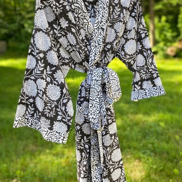 Hand Block Printed Cotton Kimono Robe, Lightweight Cotton Bathrobe, Summer Kimono, Wood Block Print, Midi Robe, Blue Watercolor Floral Robe 