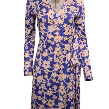 Diane von Furstenberg - Blue & Light Pink Floral Paisley Print Silk Wrap Dress Sz 10