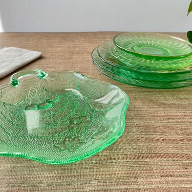 Vintage Mismatched Green Depression Glass Plates - Set of 6 - Imperial Twisted Optic Uranium Glass 