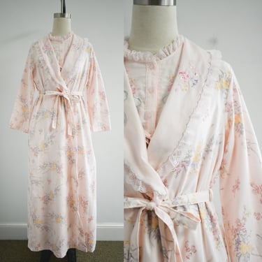 1980s Pink Floral Flannel Robe and Gown Set 