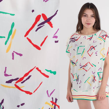 80s Tunic Top Abstract Geometric Square Print Blouse Longline Shirt Short Sleeve Summer Colorful Vintage 1980s Campus Casuals Extra Large xl 