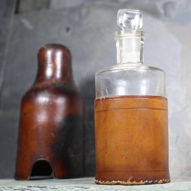 Antique Leather Sheathed Apothecary Bottle with Glass Stopper | Leather Covered Bottle | Glass Stopper Bottle | Bixley Shop 