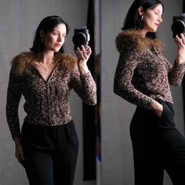 Vintage 90s Lianne Barnes Brown Chenille Peppered Knit Zip Cardigan w/ Curly Lamb Fur Collar | 100% Genuine Fur | 1990s Designer Sweater 