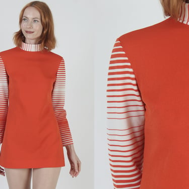 60s Mod Squad Micro Mini Dress / Sexy Geometric Print Frock / Vintage GoGo Striped Sleeve Club Outfit 
