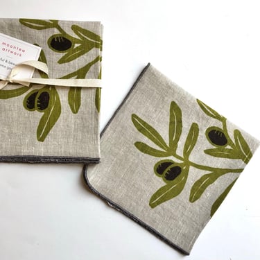 Olive Branch Linen Napkins, Mediterranean, Food, Garden 