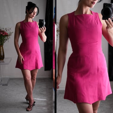 Vintage 80s CLAUDE MONTANA Fuchsia Structured Mini Dress w/ Triangle Hemline | Made in Italy | 1980s French Designer Pink Cotton Mini Dress 