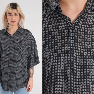 Geometric Silk Shirt 90s Black Button Up Shirt Retro Statement Pattern Square Print Short Sleeve Collared Streetwear Vintage 1990s Mens XL 