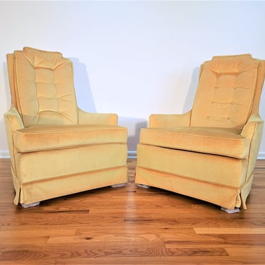 Mid Century Pair of High Back Tufted Lounge Chairs 