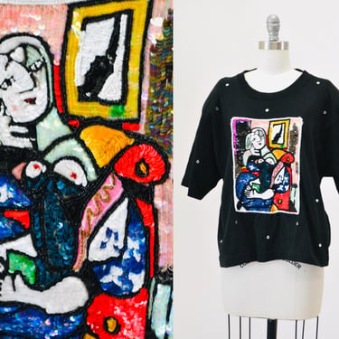 Vintage Sequin Shirt Black Tee Shirt Pablo Picasso Sequin Patch Medium Large By Jeanette for St martin Woman with a Book By Pablo Picasso 