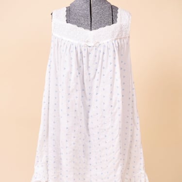 White and Blue Cotton Floral Embroidered Babydoll Slip By Adonna, L/XL