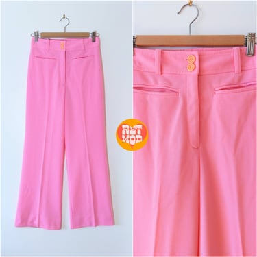 Cute &amp; Flattering Vintage 70s Pink High-Waisted Polyester Pants with Pockets 