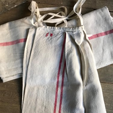 1 French Linen Waist Apron, Bakers, Chef, Red Pin Stripe, Chore Apron, Monogrammed, 3 Available 