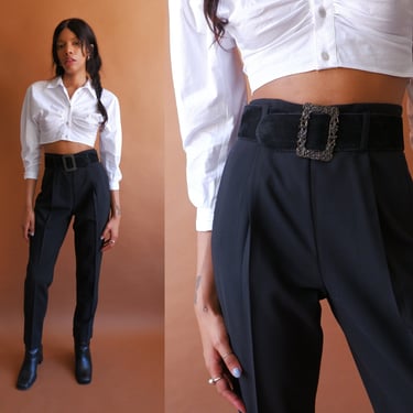 Vintage 90s Ribcage Rise Black Trousers/ 1990s Ultra High Waisted Tapered Pants/ Size Small 