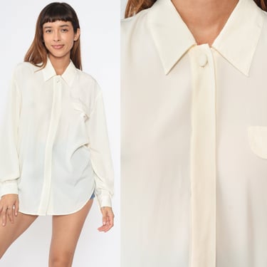 Cream Blouse 90s Button Up Top Long Sleeve Collared Shirt Retro Basic Semi-Sheer Preppy Plain Minimalist Collar Simple Vintage 1990s Medium 