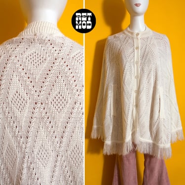 Cozy Vintage 60s 70s White Patterned Knit Poncho with Fringe and Hand Slits 