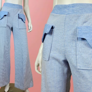 Striped knit bell bottoms by TURTLE BAX. Vintage 60s 70s heathered powder blue. Lounge pants. Big mod pockets. Wide waist band. (28 x 32) 