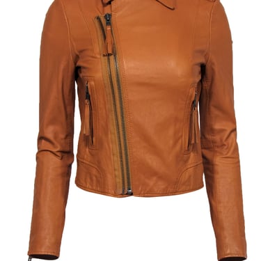 Joie - Cognac Leather Cropped Moto Jacket w/ Double Zipper Sz XS
