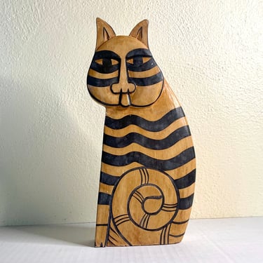 Vintage 1980s Wooden Cat Statue by Laurel Burch 