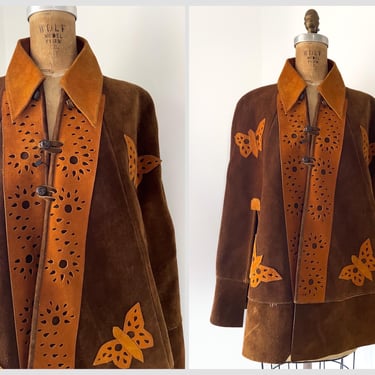 Vintage 1970’s suede poncho, genuine leather cape with butterfly appliqués | boho aesthetic, festival, hippie coat, M 