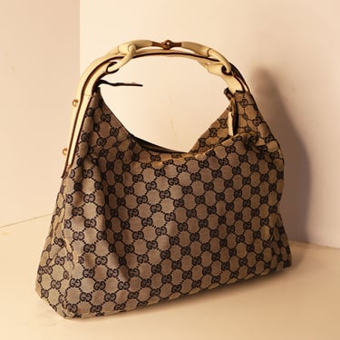 Vintage Gucci Britt Medium Horsebit Hobo Bag Canvas + Leather GG Monogram Web Y2K Tom Ford Minimal Shoulder Bag Black Grey 