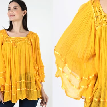Yellow Gauze Mini Dress / Lightweight Thin Kimono Sleeves / Crochet Lace Angel Wing Top / Marigold Sheer Beach Cover Up 