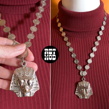 Unique Vintage 70s King Tut Egyptian Silver Pendant Necklace 