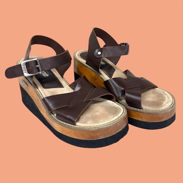 Vintage Bongo Platform Sandals Retro 1990s/2000s Y2K + Size 7.5 + Chunky + Dark Brown Leather + Wood + Foam + 4 Inch Heel + Womens Footwear 