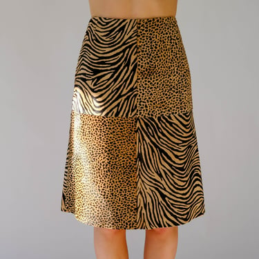 Vintage 90s ESCADA Leopard & Zebra Print Pony Hair Leather Skirt | 100% Genuine Leather | 1990s Y2K ESCADA Designer Animal Print Boho Skirt 